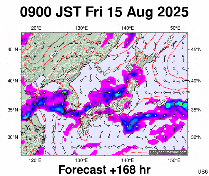 Japan forecast chart for Friday, August 15th, 2025 at 12:00 AM