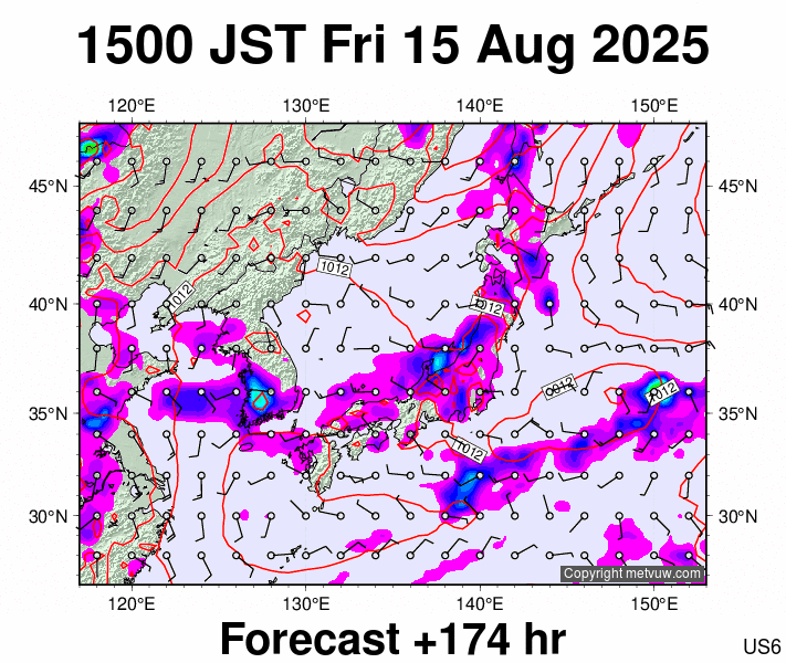 Japan forecast chart for Friday, August 15th, 2025 at 6:00 AM