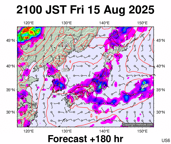Japan forecast chart for Friday, August 15th, 2025 at 12:00 PM
