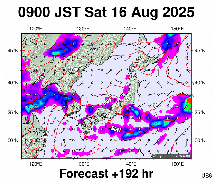 Japan forecast chart for Saturday, August 16th, 2025 at 12:00 AM