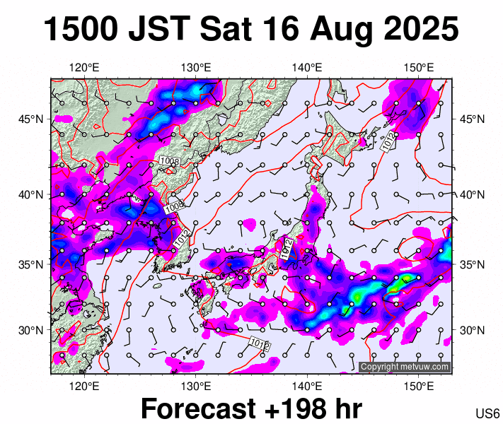 Japan forecast chart for Saturday, August 16th, 2025 at 6:00 AM