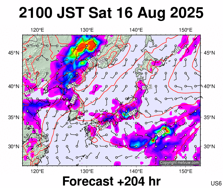 Japan forecast chart for Saturday, August 16th, 2025 at 12:00 PM
