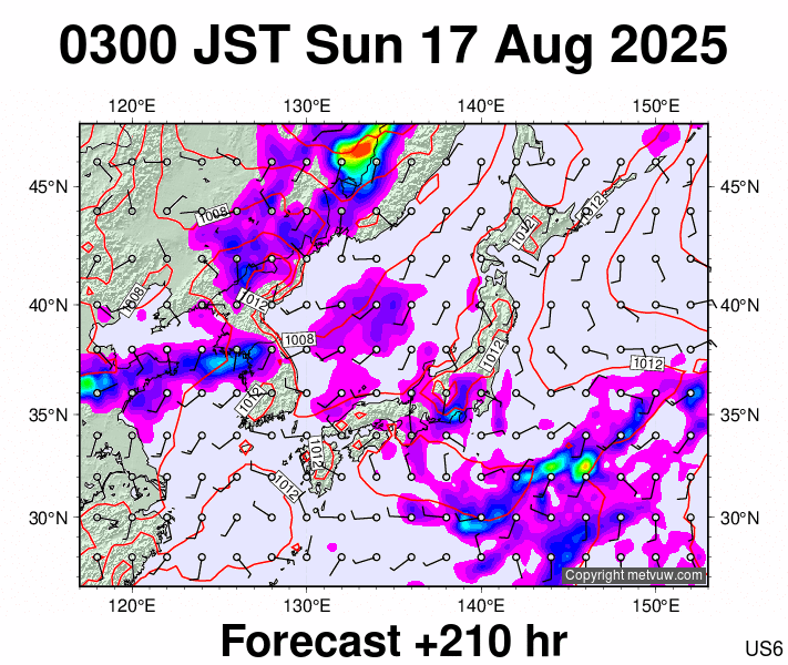 Japan forecast chart for Saturday, August 16th, 2025 at 6:00 PM
