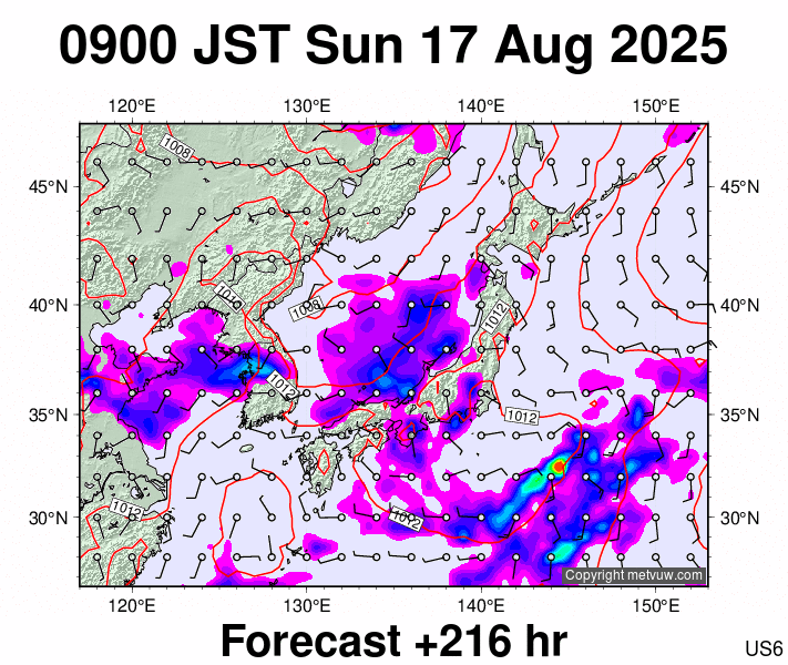 Japan forecast chart for Sunday, August 17th, 2025 at 12:00 AM