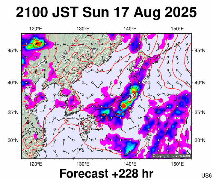 Japan forecast chart for Sunday, August 17th, 2025 at 12:00 PM