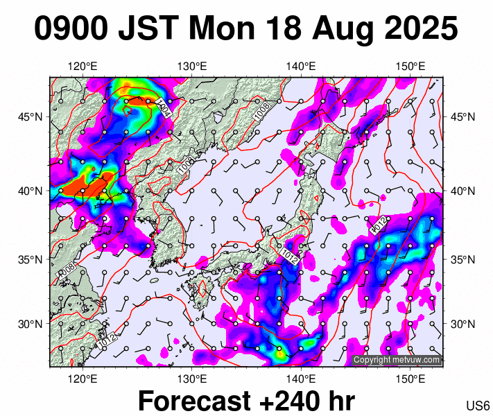 Japan forecast chart for Monday, August 18th, 2025 at 12:00 AM