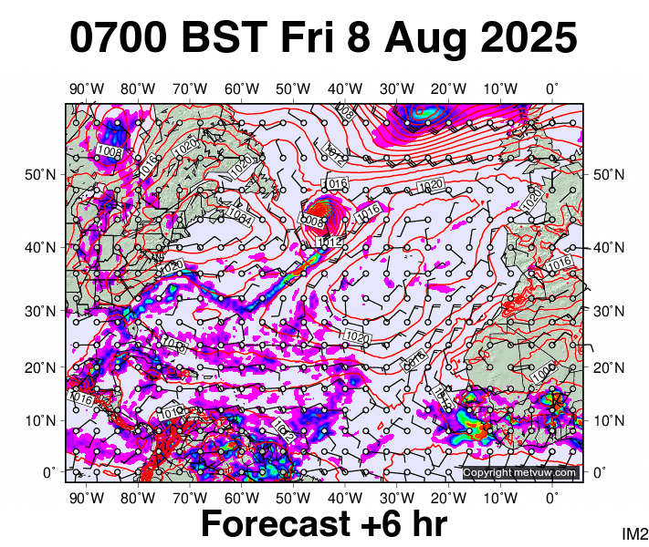 North Atlantic forecast chart for Friday, August 8th, 2025 at 6:00 AM