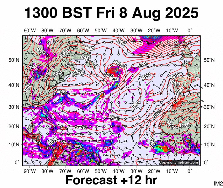 North Atlantic forecast chart for Friday, August 8th, 2025 at 12:00 PM