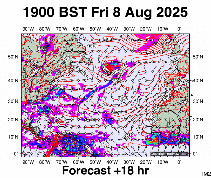 North Atlantic forecast chart for Friday, August 8th, 2025 at 6:00 PM