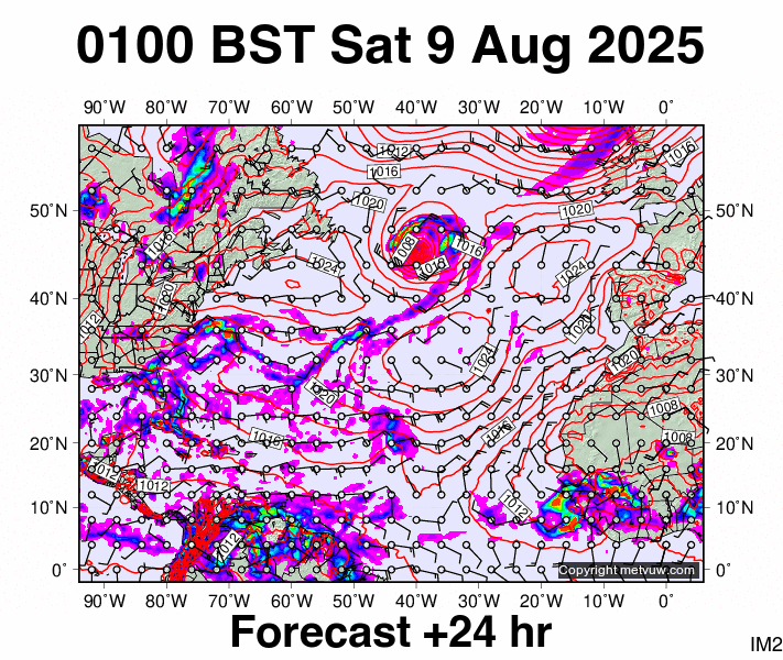North Atlantic forecast chart for Saturday, August 9th, 2025 at 12:00 AM