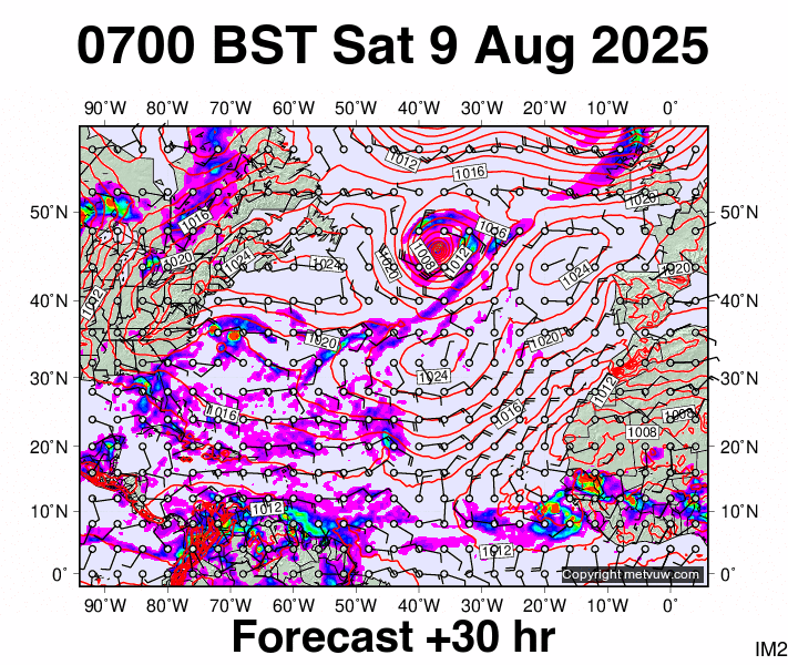North Atlantic forecast chart for Saturday, August 9th, 2025 at 6:00 AM