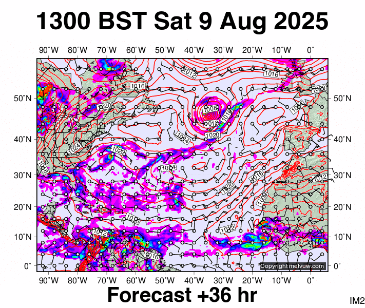 North Atlantic forecast chart for Saturday, August 9th, 2025 at 12:00 PM