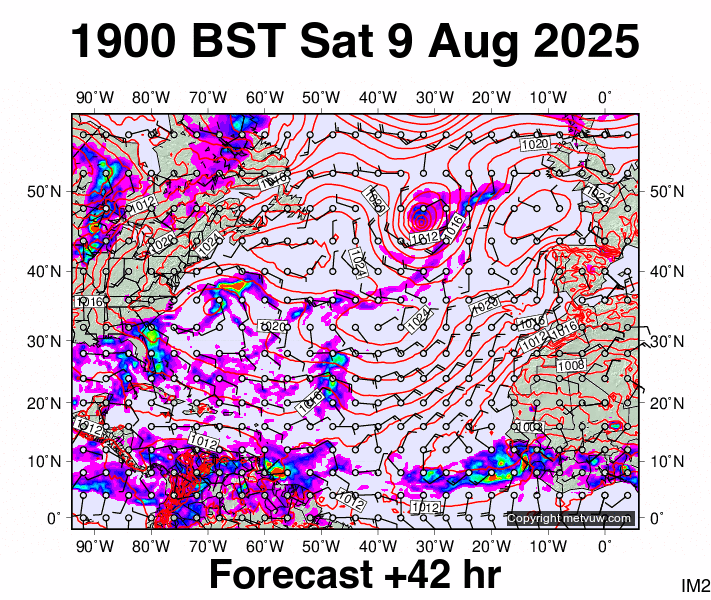 North Atlantic forecast chart for Saturday, August 9th, 2025 at 6:00 PM
