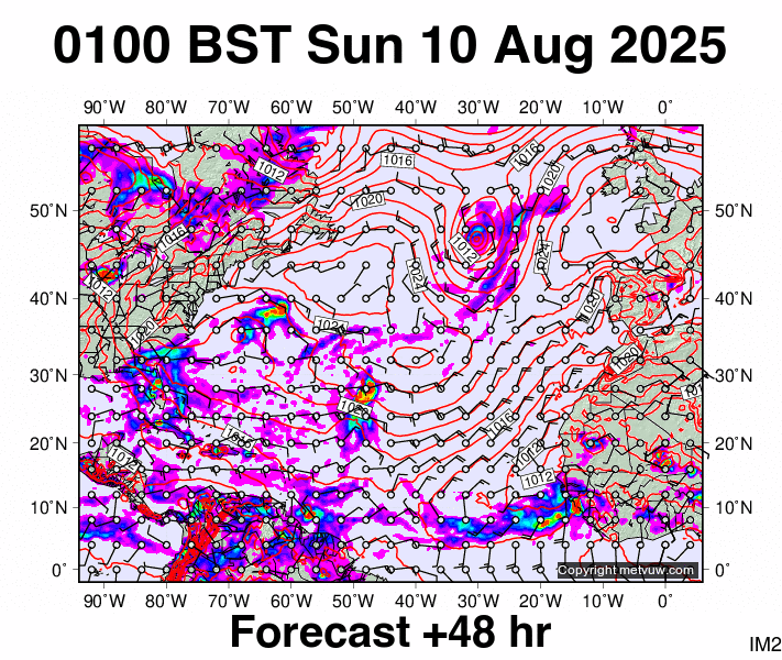 North Atlantic forecast chart for Sunday, August 10th, 2025 at 12:00 AM
