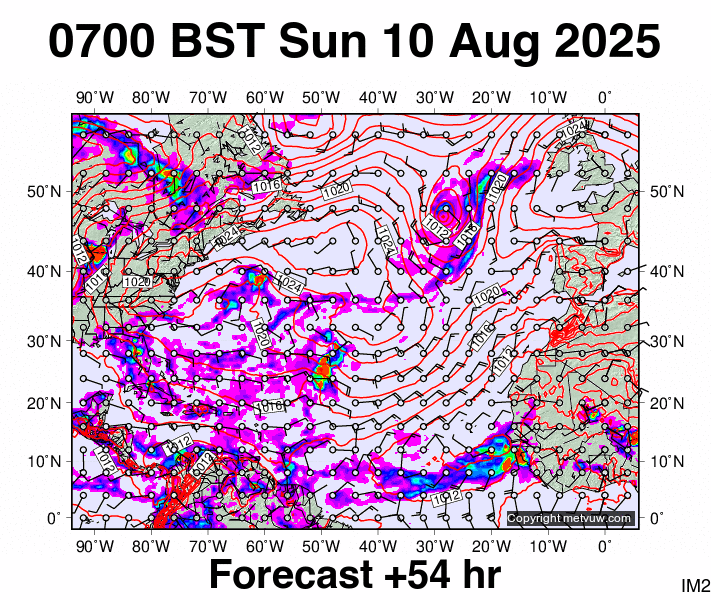 North Atlantic forecast chart for Sunday, August 10th, 2025 at 6:00 AM
