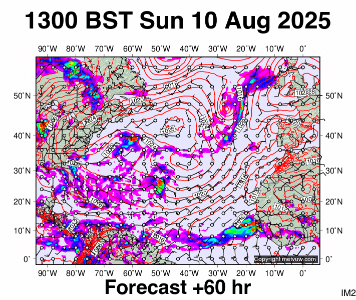 North Atlantic forecast chart for Sunday, August 10th, 2025 at 12:00 PM