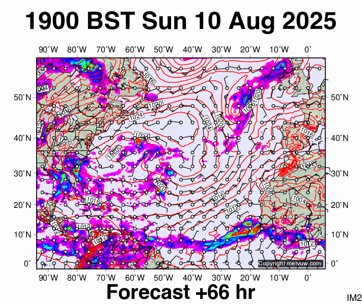 North Atlantic forecast chart for Sunday, August 10th, 2025 at 6:00 PM