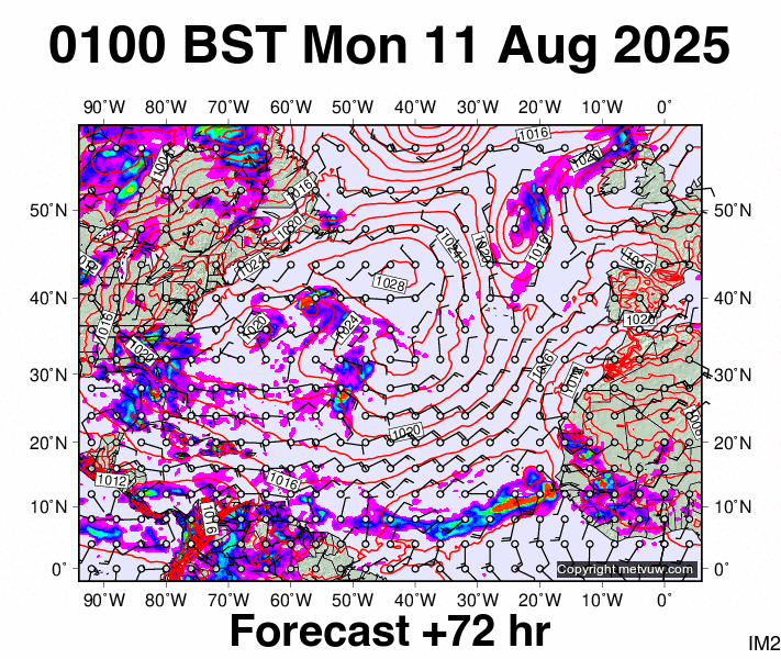North Atlantic forecast chart for Monday, August 11th, 2025 at 12:00 AM