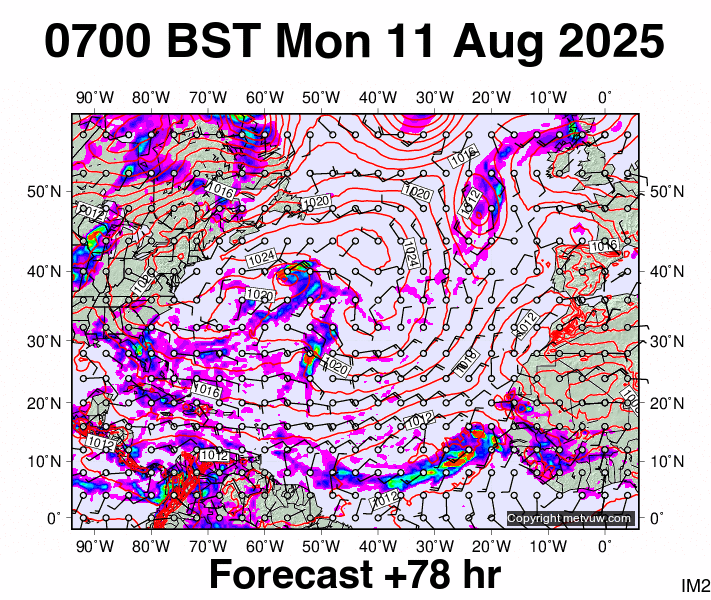 North Atlantic forecast chart for Monday, August 11th, 2025 at 6:00 AM