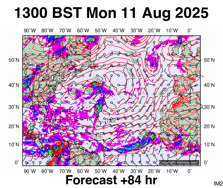 North Atlantic forecast chart for Monday, August 11th, 2025 at 12:00 PM