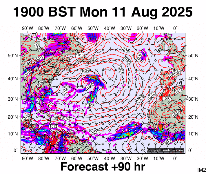 North Atlantic forecast chart for Monday, August 11th, 2025 at 6:00 PM