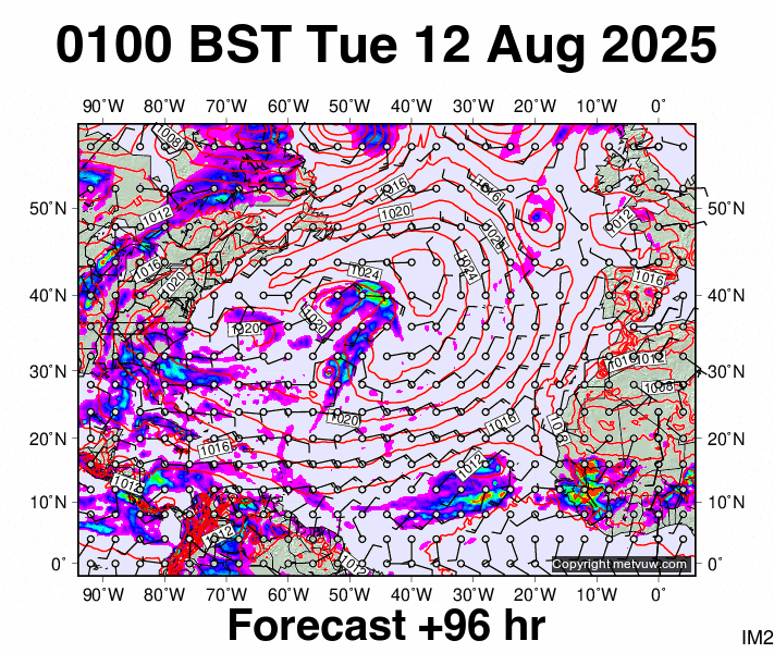 North Atlantic forecast chart for Tuesday, August 12th, 2025 at 12:00 AM