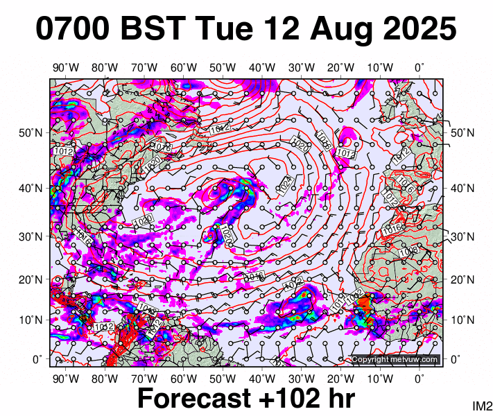 North Atlantic forecast chart for Tuesday, August 12th, 2025 at 6:00 AM