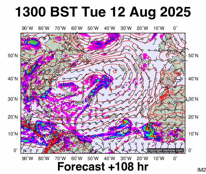 North Atlantic forecast chart for Tuesday, August 12th, 2025 at 12:00 PM