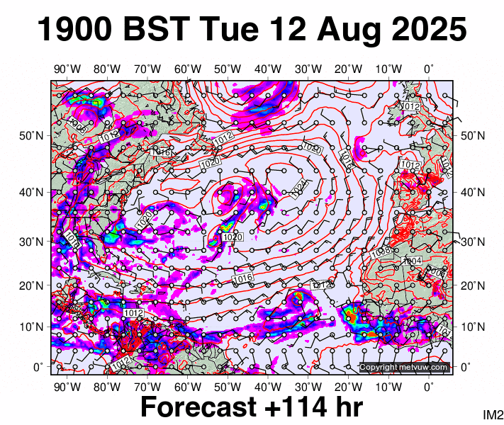 North Atlantic forecast chart for Tuesday, August 12th, 2025 at 6:00 PM