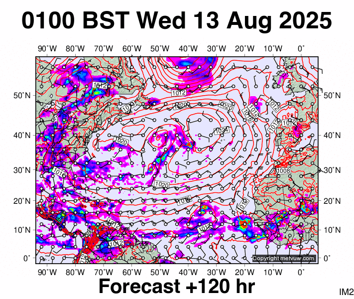 North Atlantic forecast chart for Wednesday, August 13th, 2025 at 12:00 AM