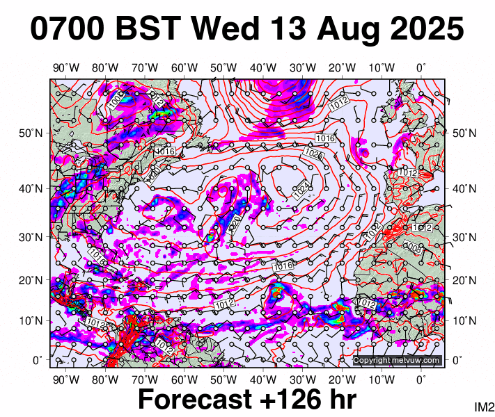 North Atlantic forecast chart for Wednesday, August 13th, 2025 at 6:00 AM