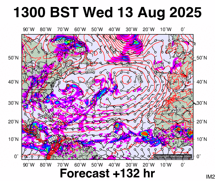 North Atlantic forecast chart for Wednesday, August 13th, 2025 at 12:00 PM
