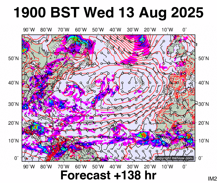 North Atlantic forecast chart for Wednesday, August 13th, 2025 at 6:00 PM