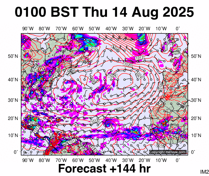 North Atlantic forecast chart for Thursday, August 14th, 2025 at 12:00 AM