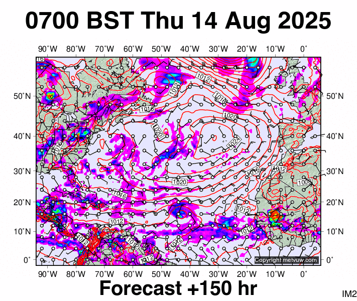 North Atlantic forecast chart for Thursday, August 14th, 2025 at 6:00 AM