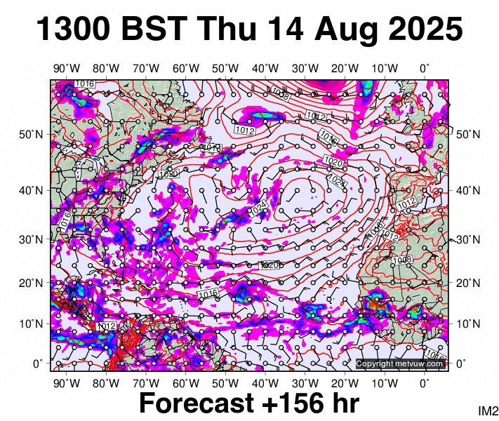 North Atlantic forecast chart for Thursday, August 14th, 2025 at 12:00 PM