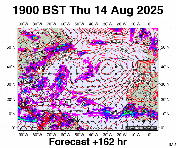 North Atlantic forecast chart for Thursday, August 14th, 2025 at 6:00 PM