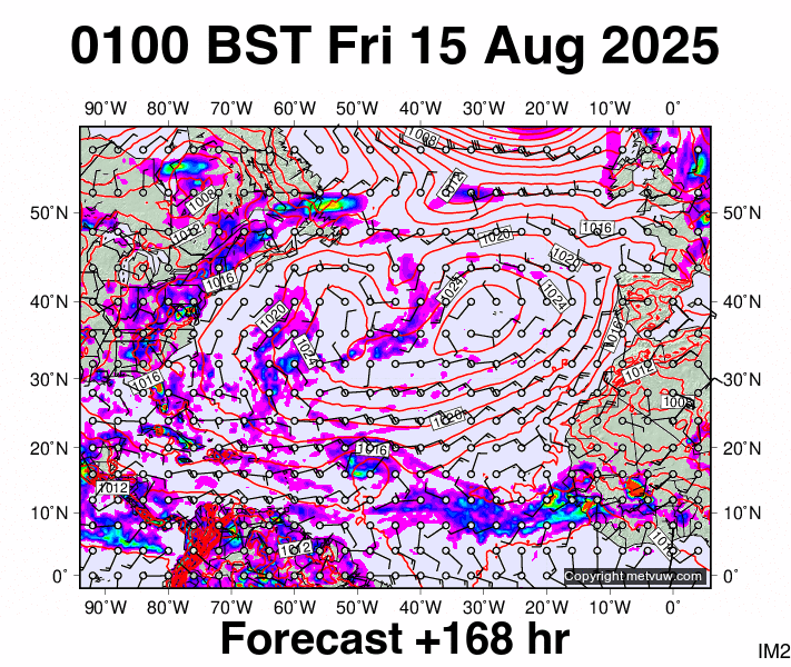North Atlantic forecast chart for Friday, August 15th, 2025 at 12:00 AM