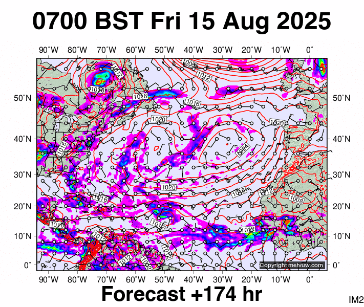 North Atlantic forecast chart for Friday, August 15th, 2025 at 6:00 AM
