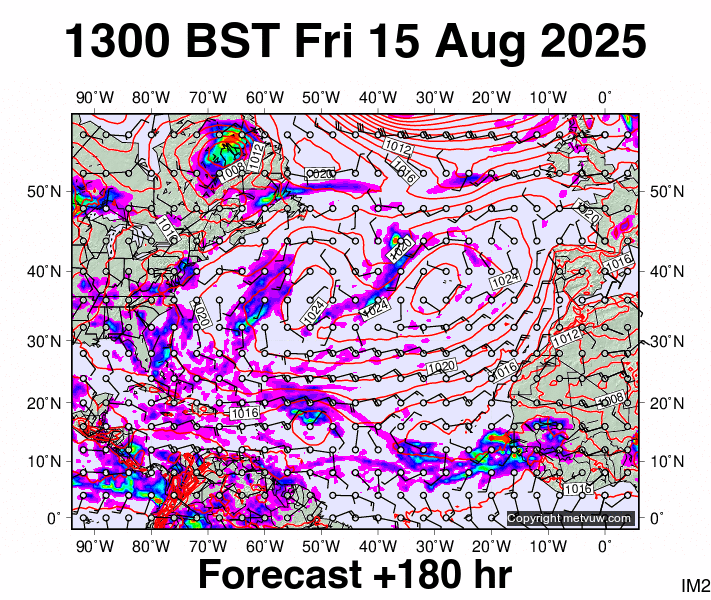 North Atlantic forecast chart for Friday, August 15th, 2025 at 12:00 PM