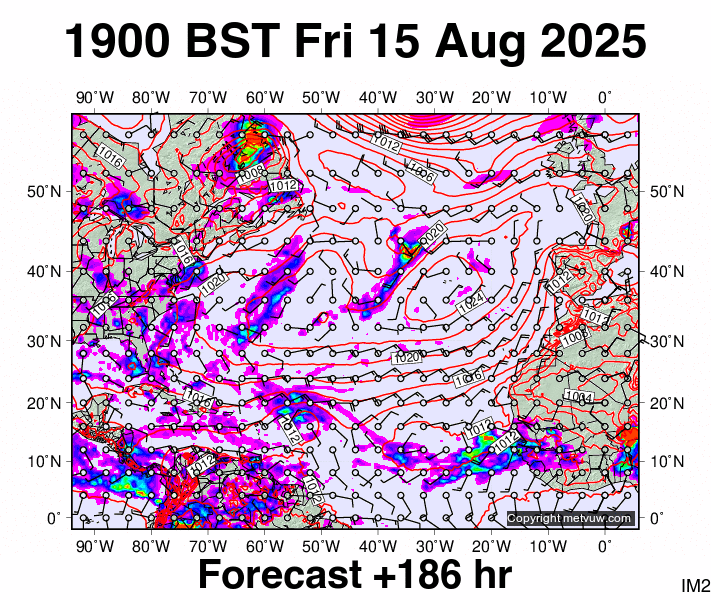North Atlantic forecast chart for Friday, August 15th, 2025 at 6:00 PM