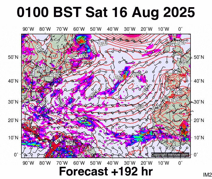 North Atlantic forecast chart for Saturday, August 16th, 2025 at 12:00 AM
