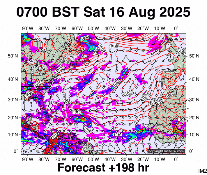 North Atlantic forecast chart for Saturday, August 16th, 2025 at 6:00 AM