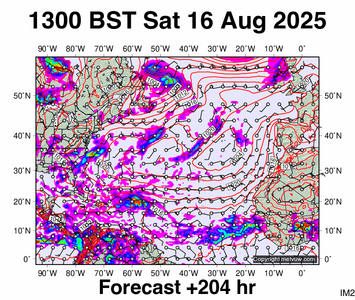 North Atlantic forecast chart for Saturday, August 16th, 2025 at 12:00 PM