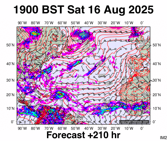 North Atlantic forecast chart for Saturday, August 16th, 2025 at 6:00 PM