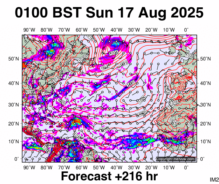 North Atlantic forecast chart for Sunday, August 17th, 2025 at 12:00 AM