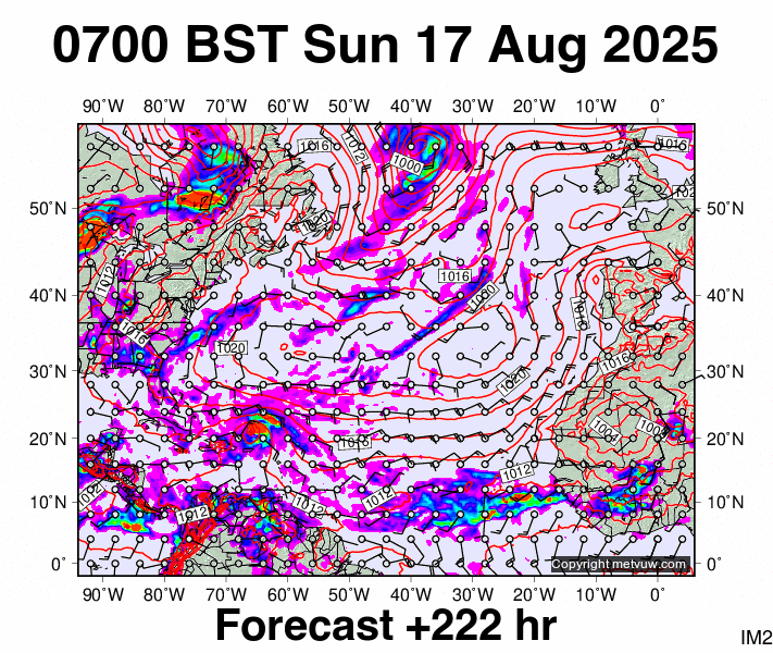 North Atlantic forecast chart for Sunday, August 17th, 2025 at 6:00 AM