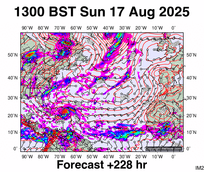 North Atlantic forecast chart for Sunday, August 17th, 2025 at 12:00 PM