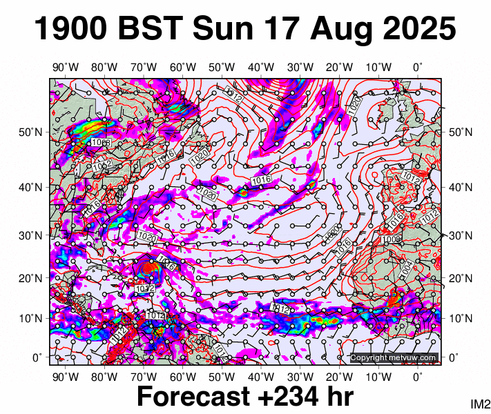 North Atlantic forecast chart for Sunday, August 17th, 2025 at 6:00 PM