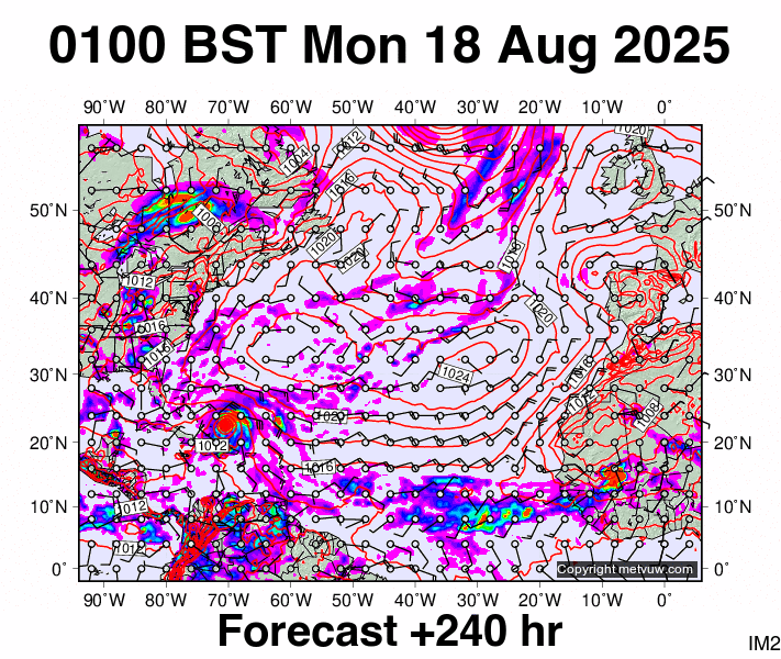 North Atlantic forecast chart for Monday, August 18th, 2025 at 12:00 AM